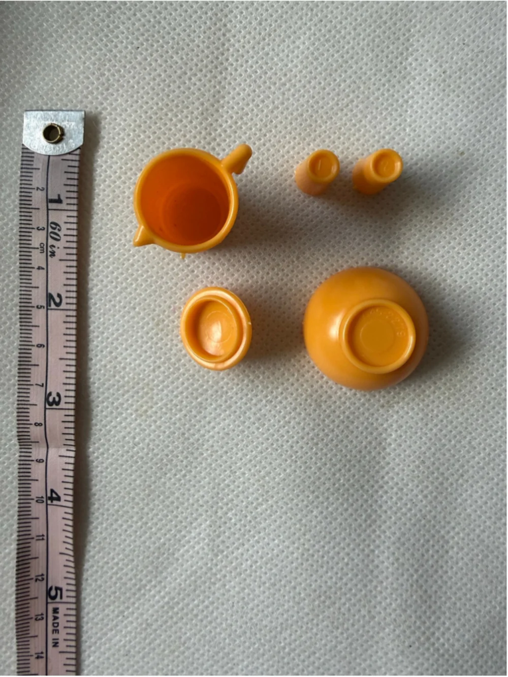 Vintage Barbie Pitcher, Cup and Bowl set orange yellow retro doll accessories